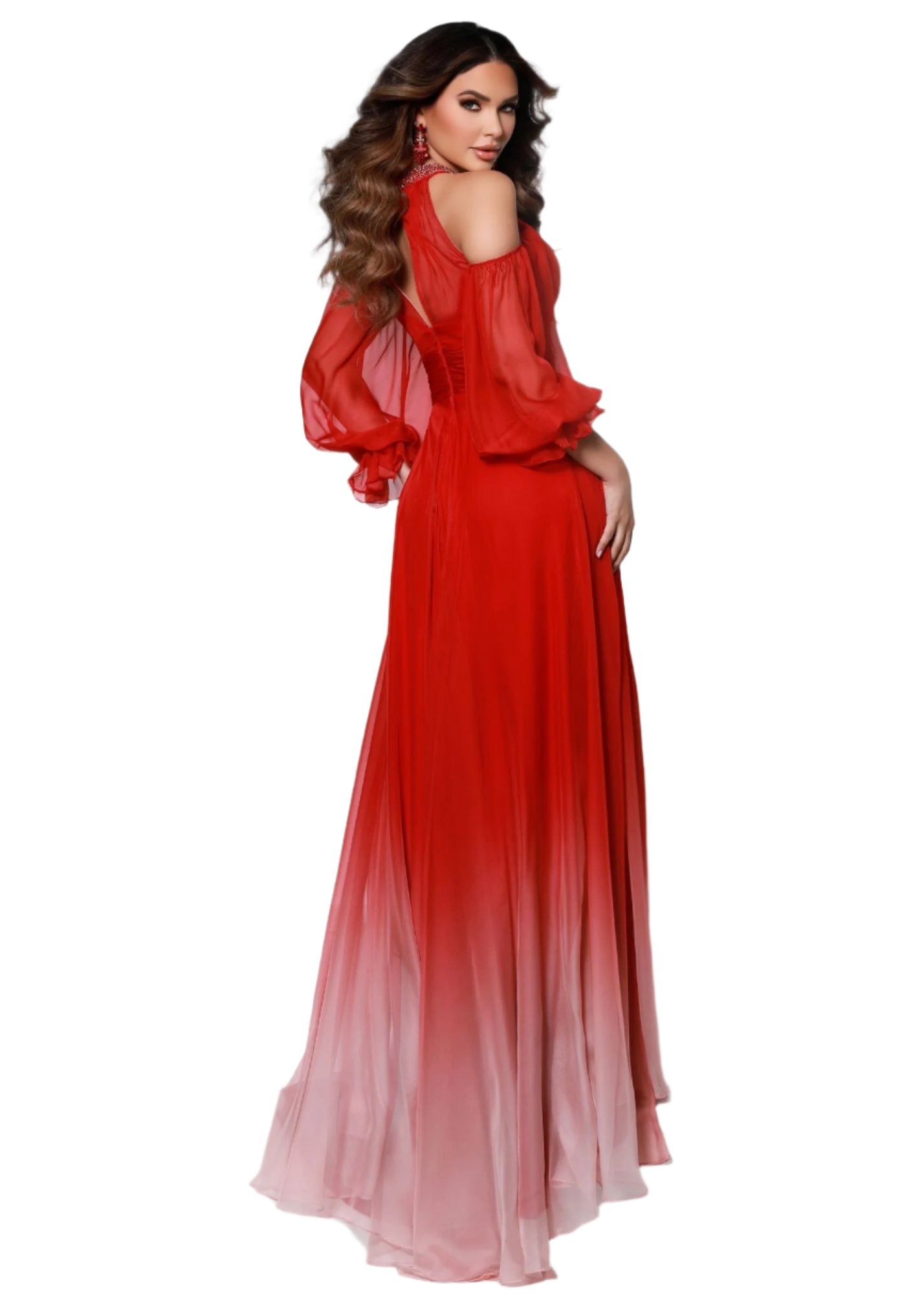 Look sexy and sophisticated with the Johnathan Kayne 3541 Size 2, 4 Cherry Ombre Chiffon Dress! The long sleeves and high neck make it a perfect formal wear option, with a hint of daring edge from the daring side slit. Slay at the party, and everyone will know who's cherry-on-top! Size: 2, 4 Color: Cherry/Ombre