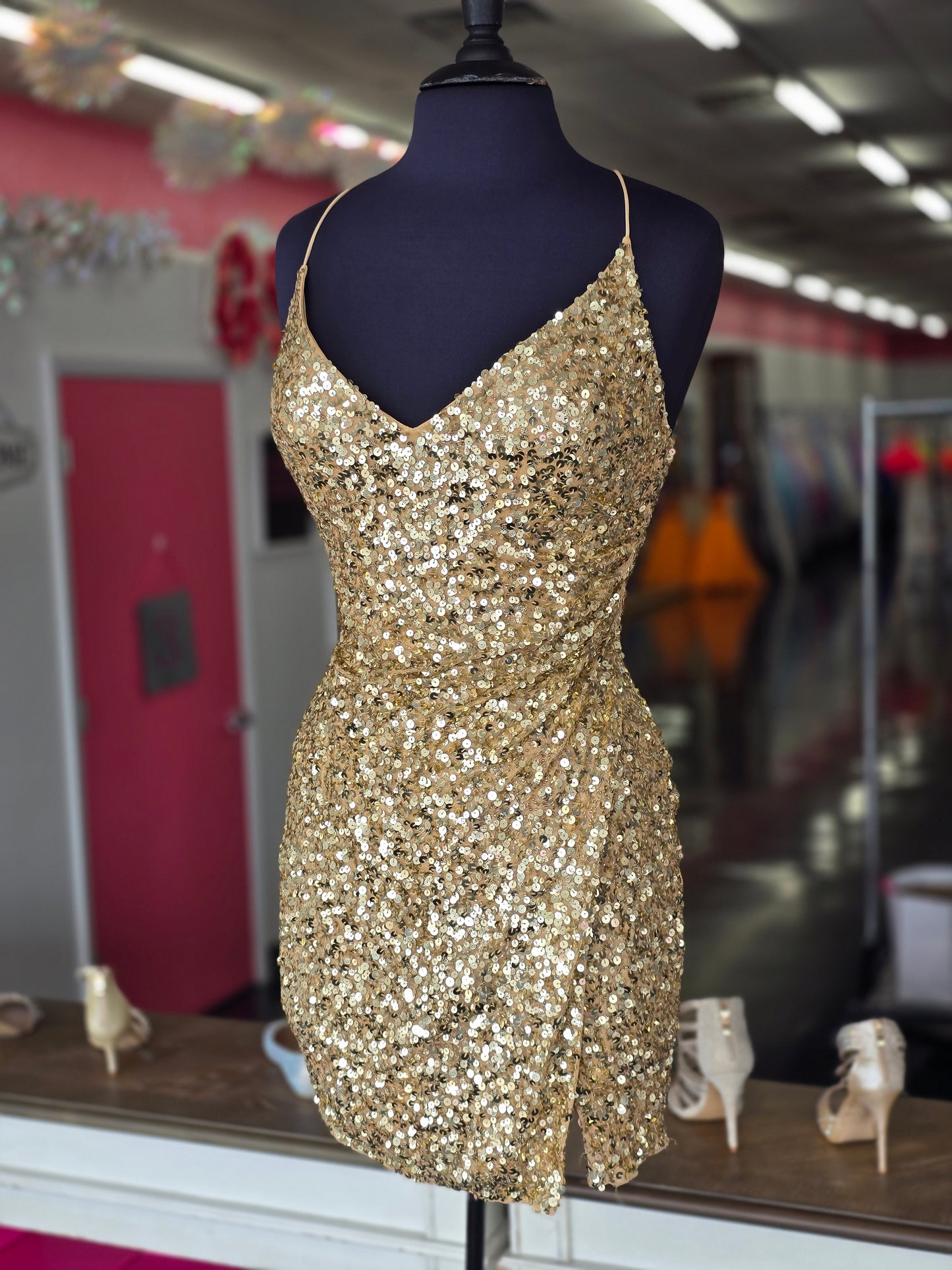 Primavera Couture 3891 Size 2, 8 Gold Short Fitted Sequin Formal Slit Cocktail Prom Dress Backless Corset