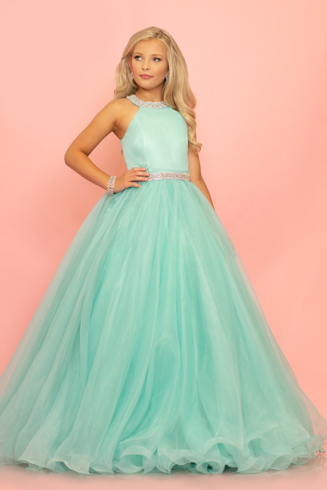 Sugar Kayne C114 Girls Preteen A Line Pageant Dress Ball Gown High Neckline