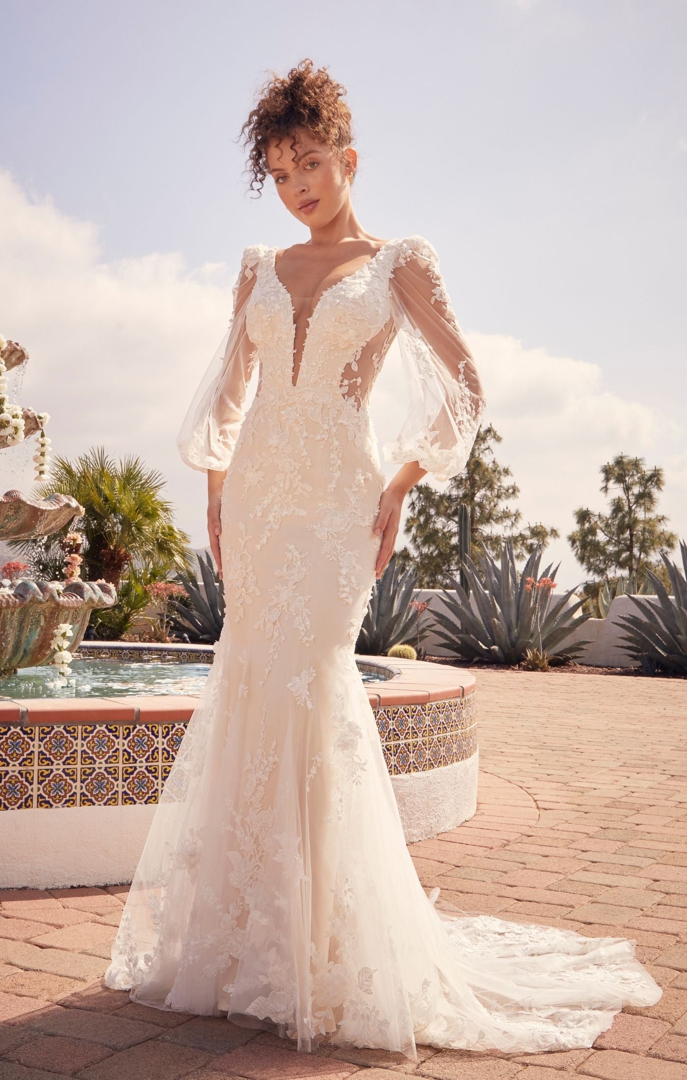 Casablanca Beloved BL434 Mermaid Sheer Long Sleeve V-Neck Open Back Lace  Floral Tulle Train Wedding Gown