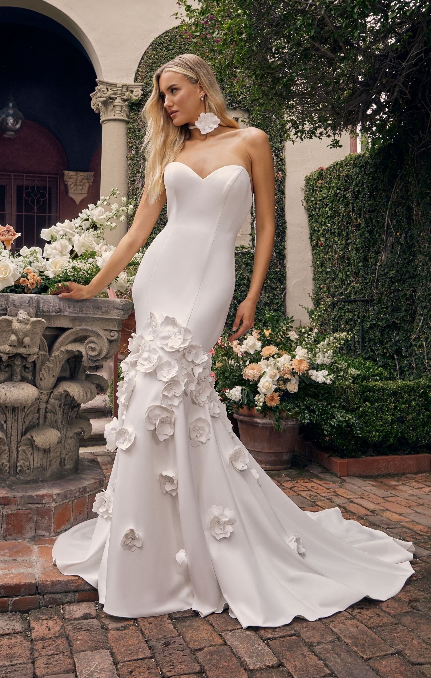 Casablance Bridal 2539 Fernande Mermaid Satin Strapless Sweetheart Neckline  Train 3D Floral Appliques Wedding Gown