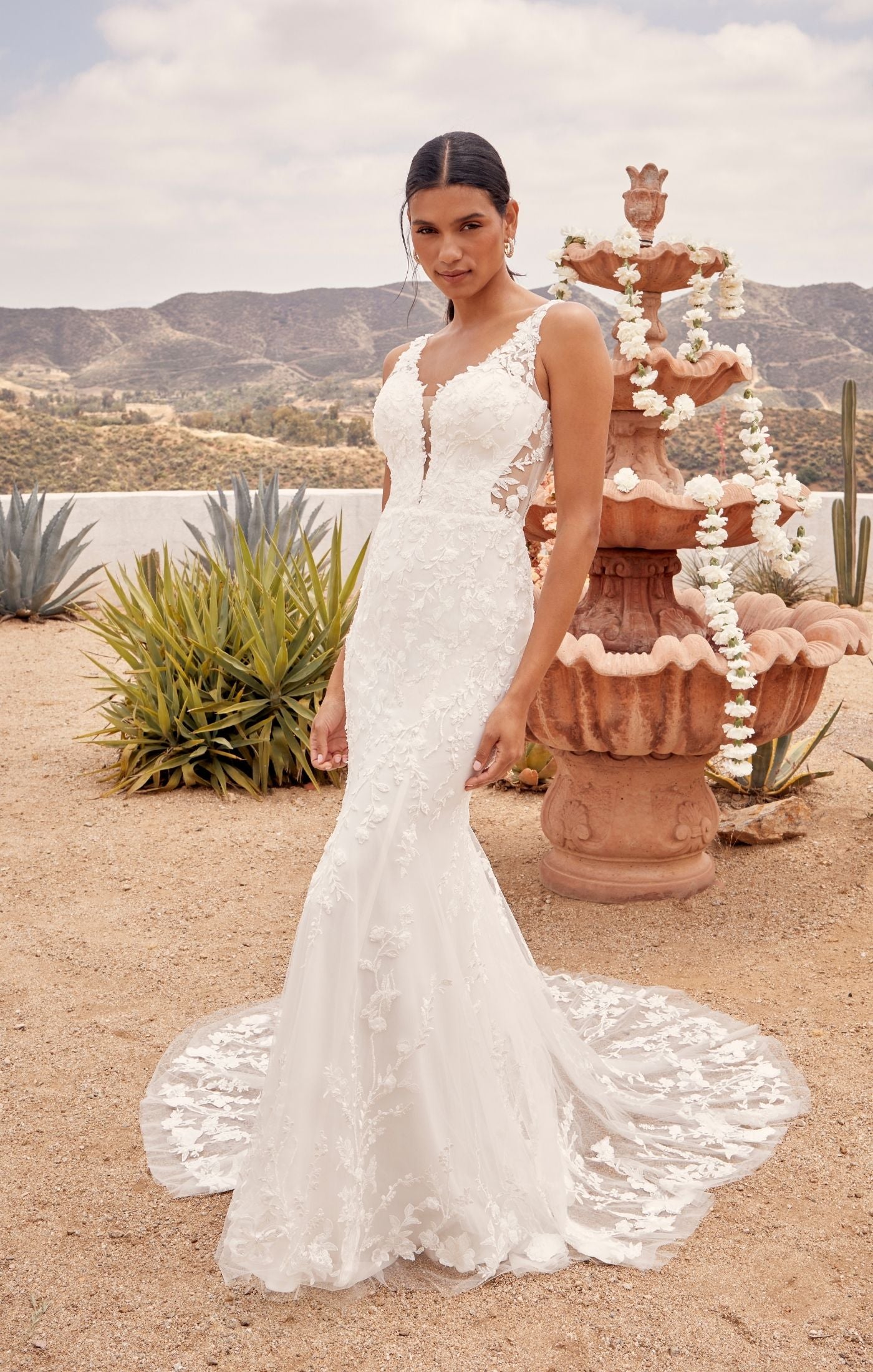 Beloved by Casablanca Bridal BL430 Delta Wedding Dress Fit And Flare V-Neck  Lace Sequin Sheer Mesh Side Cut Outs Train Wedding Dress