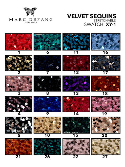 Inject a bit of sparkle and glamour into special occasions with Marc Defang's 8225K Girls Velvet Sequin Pageant Jumpsuit. This jumpsuit features a high neck with long bell sleeves and is finished with a beautiful sequin design for an eye-catching effect. Perfect for pageants and special occasions. Sizes: 4,5,6,7,8,9,10,11,12,13,14 Colors: Yellow, White AB, Royal, Hot Pink, Purple, Light Blue, Light Pink, Neon Green, Lilac