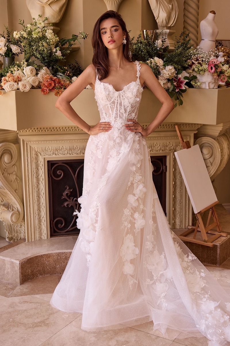 Andrea Floral Applique A Line Tulle Wedding Dress Off White / 8 USA Andrea Floral Applique A Line Tulle Wedding Dress Off White / 8 USA