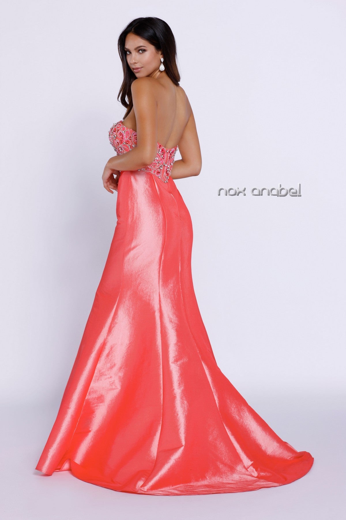 Nox Anabel 8244 Long Fitted taffeta Mermaid Prom Dress Beaded Bodice Formal Gown Illusion V neckline with sweetheart silhouette. Sequins, Beading & Rhinestone Accents. Sweeping train great pageant gown Sizes: 2 Colors: Coral