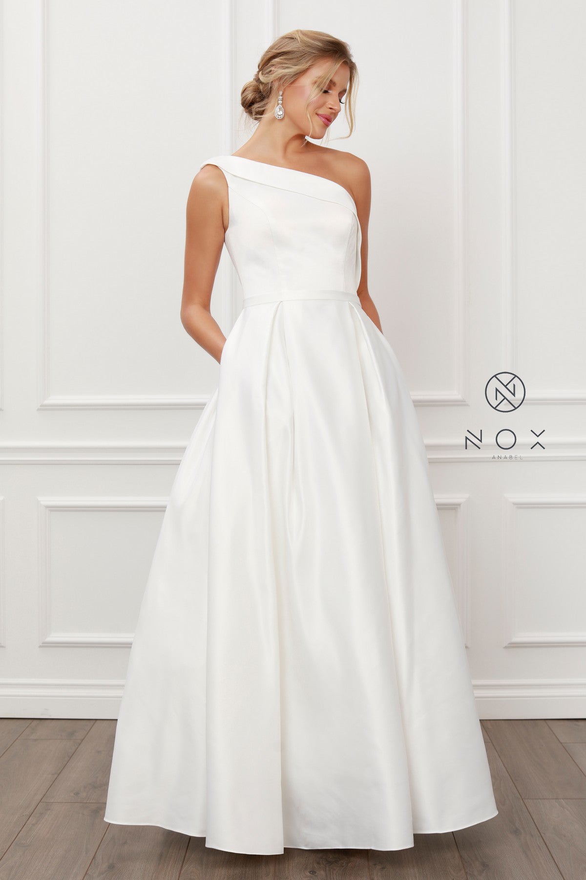 Nox Anabel E469 Sizes 2, 14 White Wedding Dress One Shoulder Satin A Line 2 / White Nox Anabel E469 Sizes 2, 14 White Wedding Dress One Shoulder Satin A Line 2 / White