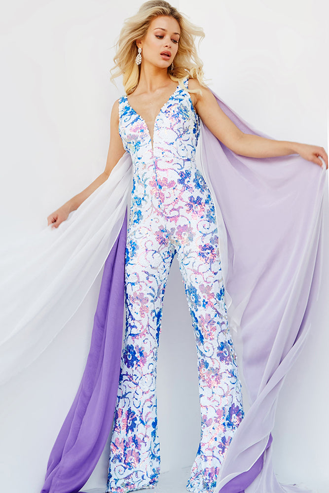 Jovani 08258 Iridescent Sequin Floral Prom Jumpsuit Formal Pageant Cap –  Glass Slipper Formals