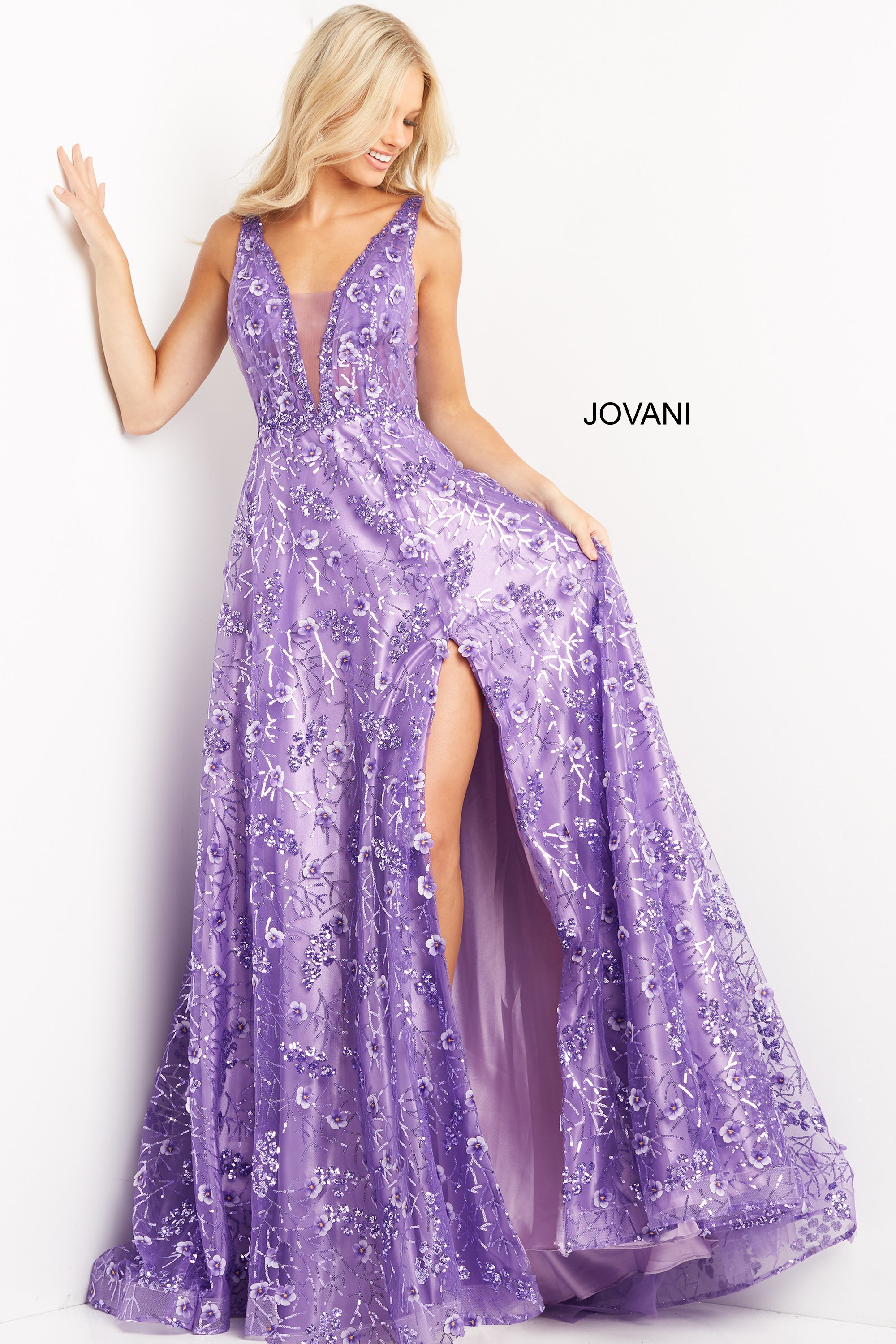 jovani 08422 purple prom dress a line 3d floral flowers plunging