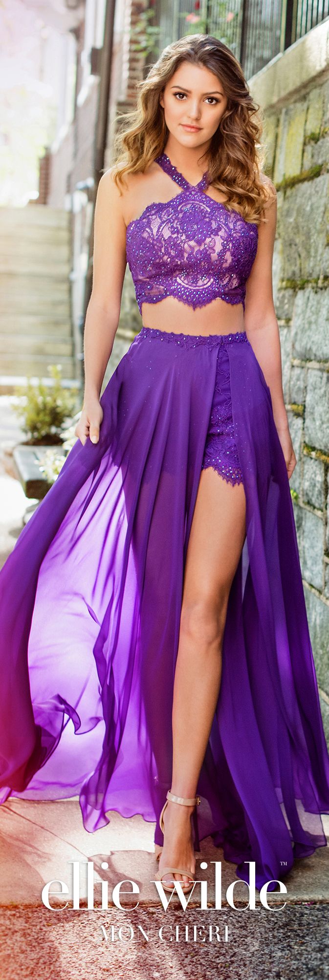 Ellie Wilde EW118109 Size 2 Purple Short Two Piece Lace Romper Overski –  Glass Slipper Formals