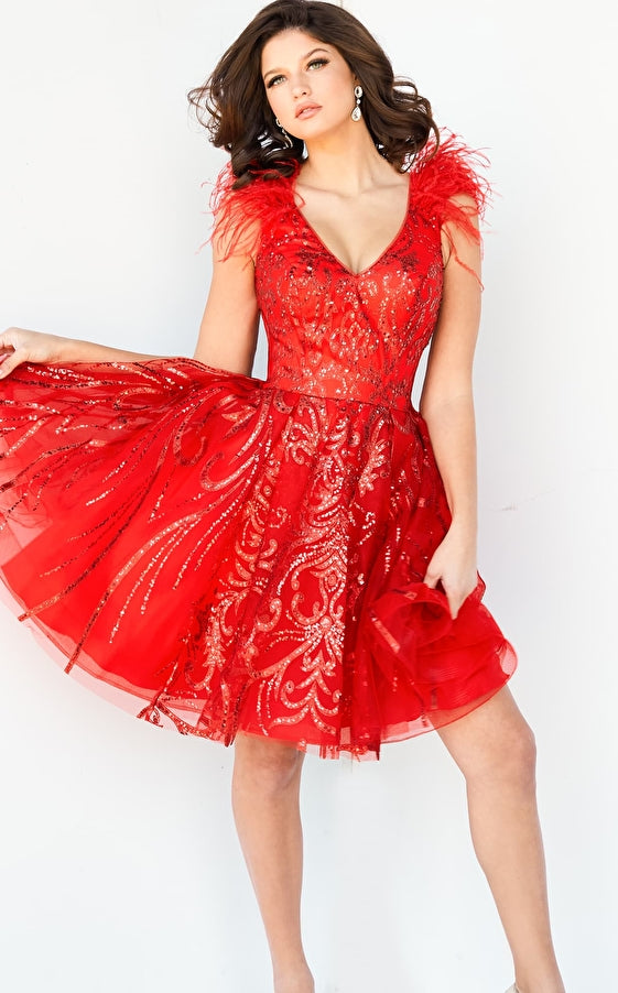 Jovani 09466 Size 14 Red Short Fit & Flare Feather Cocktail Dress Formal Glitter V Neck Gown Jovani 09466 Size 14 Red Short Fit & Flare Feather Cocktail Dress Formal Glitter V Neck Gown