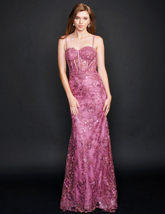 Nina Canacci 6556 Long sheer lace corset fitted bodice with a mermaid skirt and train. Embellished Prom Pageant Gown Available Size-0-12 Available Color- Ivory, Baby Blue, Raspberry (Mauve)