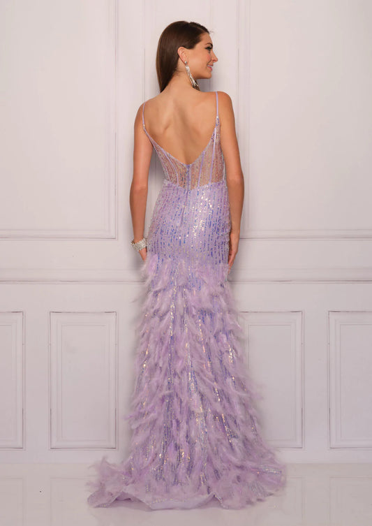 Dave & Johnny 11088 Long Fitted Sheer Sequin Slit Feather Corset Prom Dress Pageant Gown Sizes: 0-16 Colors: Lilac