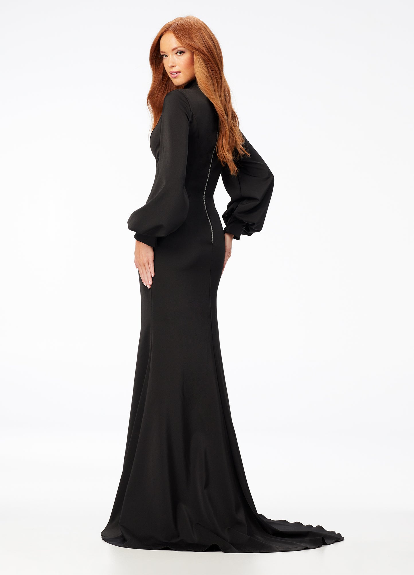 Ashley Lauren 11219 This ultra glamour high neckline crepe gown features balloon seleves and contoured seaming to provide the perfect silhouette. The back features an exposed zipper and sweep train.