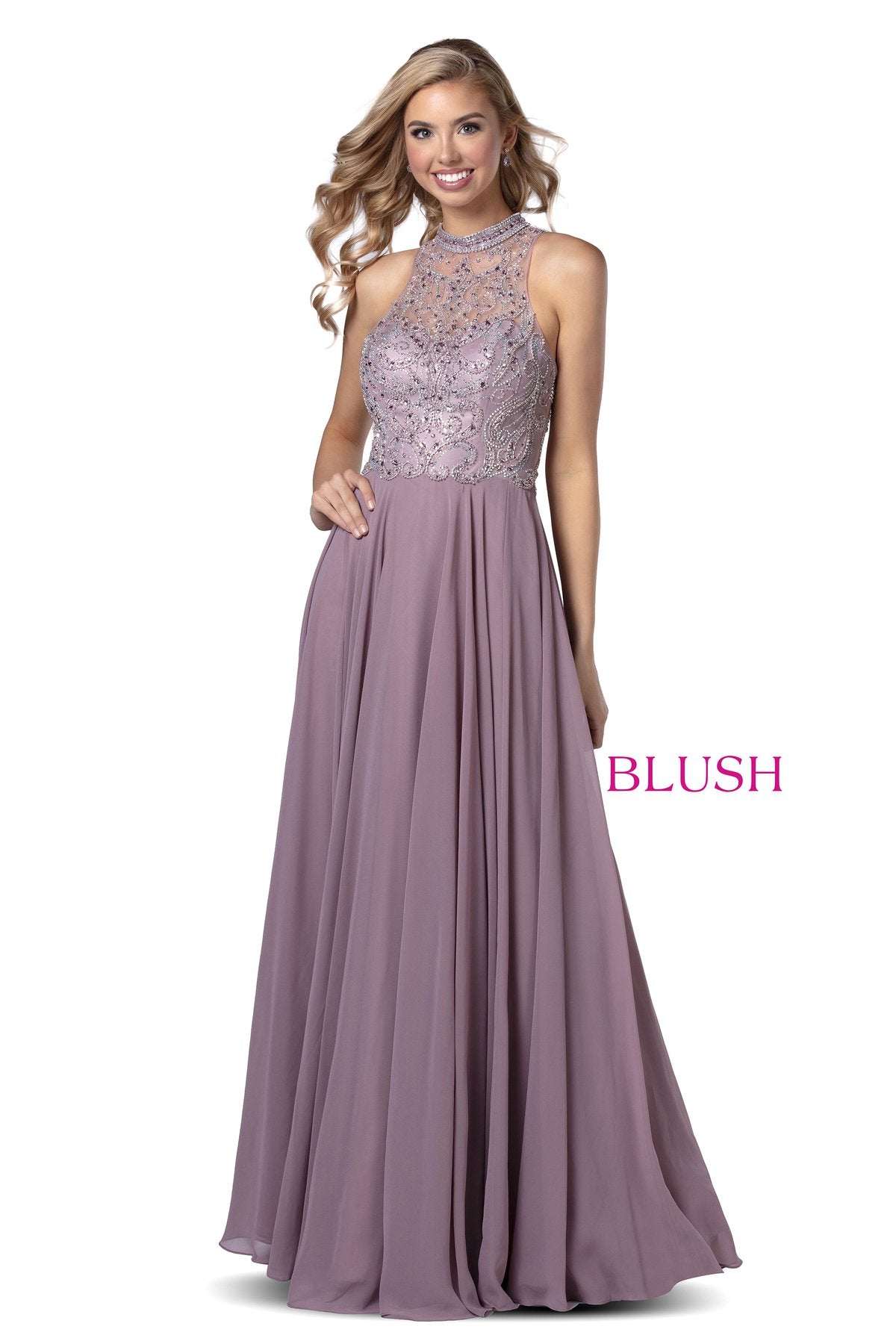 Blush Prom 11942 Size 10 White Chiffon A Line Prom Dress High Neckline Formal Gown