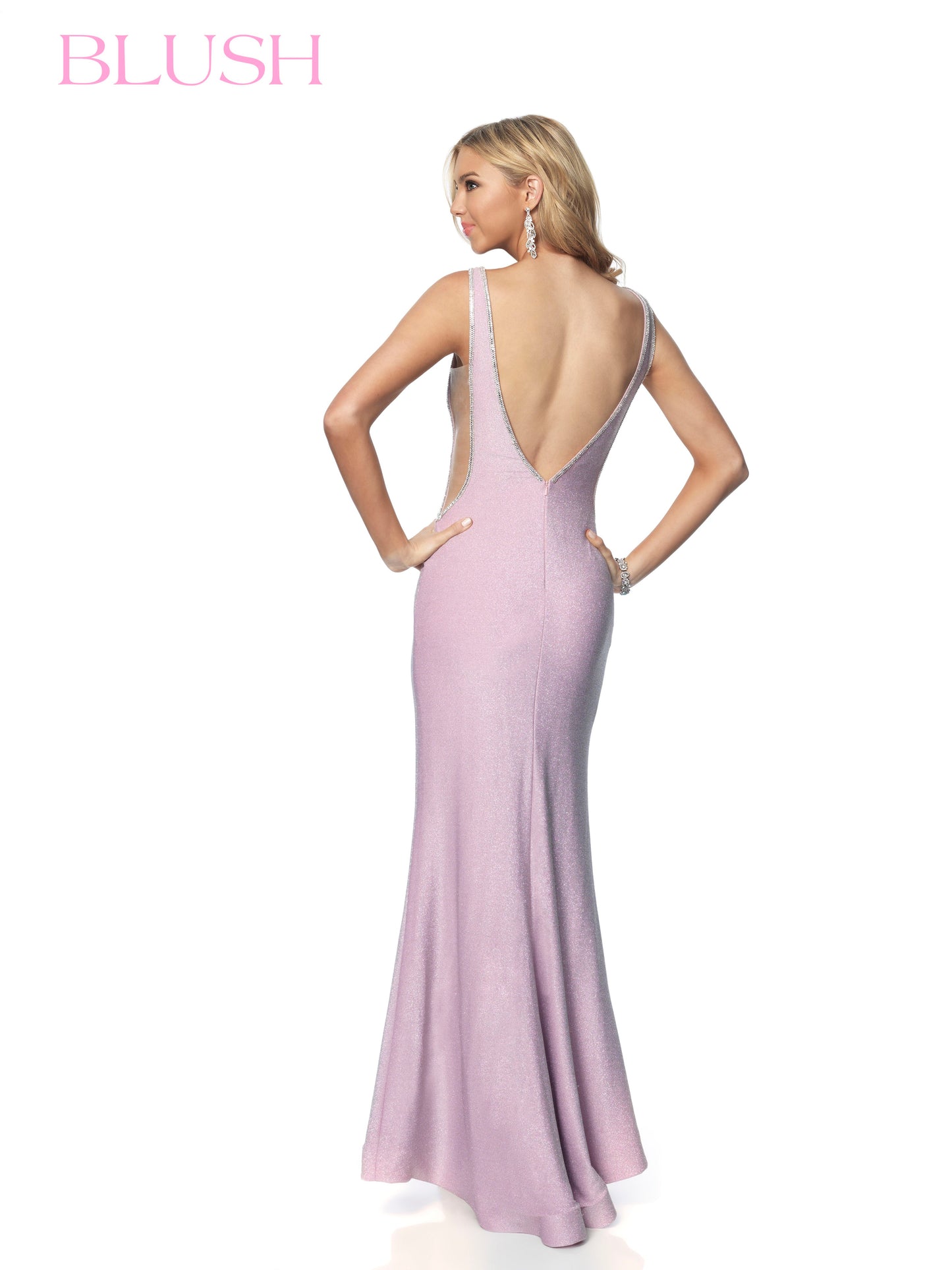 Blush Prom 11991 is a long Shimmer Prom Dress, Pageant Gown & Formal Evening Wear. This Iridescent Shimmer dress features rows of rhinestone crystal accents lining the edges of this plunging neckline cascading across the edges of this gowns front slit. Embellished mesh panel in the center of the bodice.