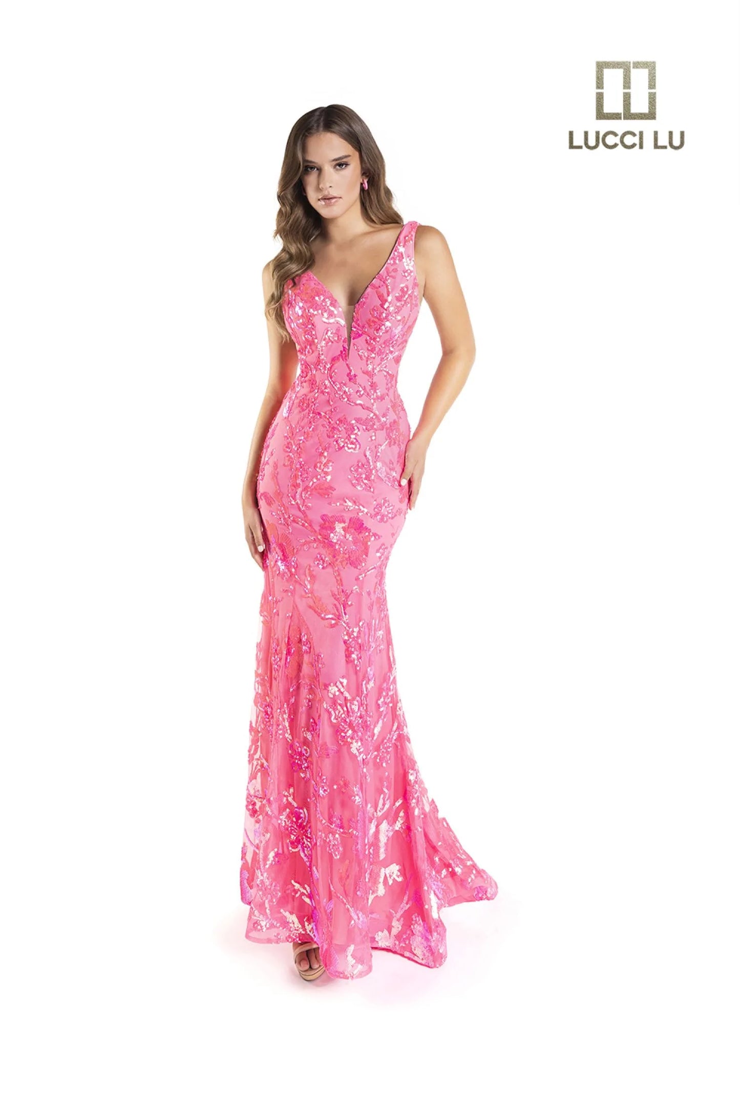 Lucci Lu 1230 Long Fitted Sequin Neon Prom Dress V Neck Formal Pageant Gown Backless Sizes: 00-24 Colors: Neon Orange, Neon Pink, Neon Yellow