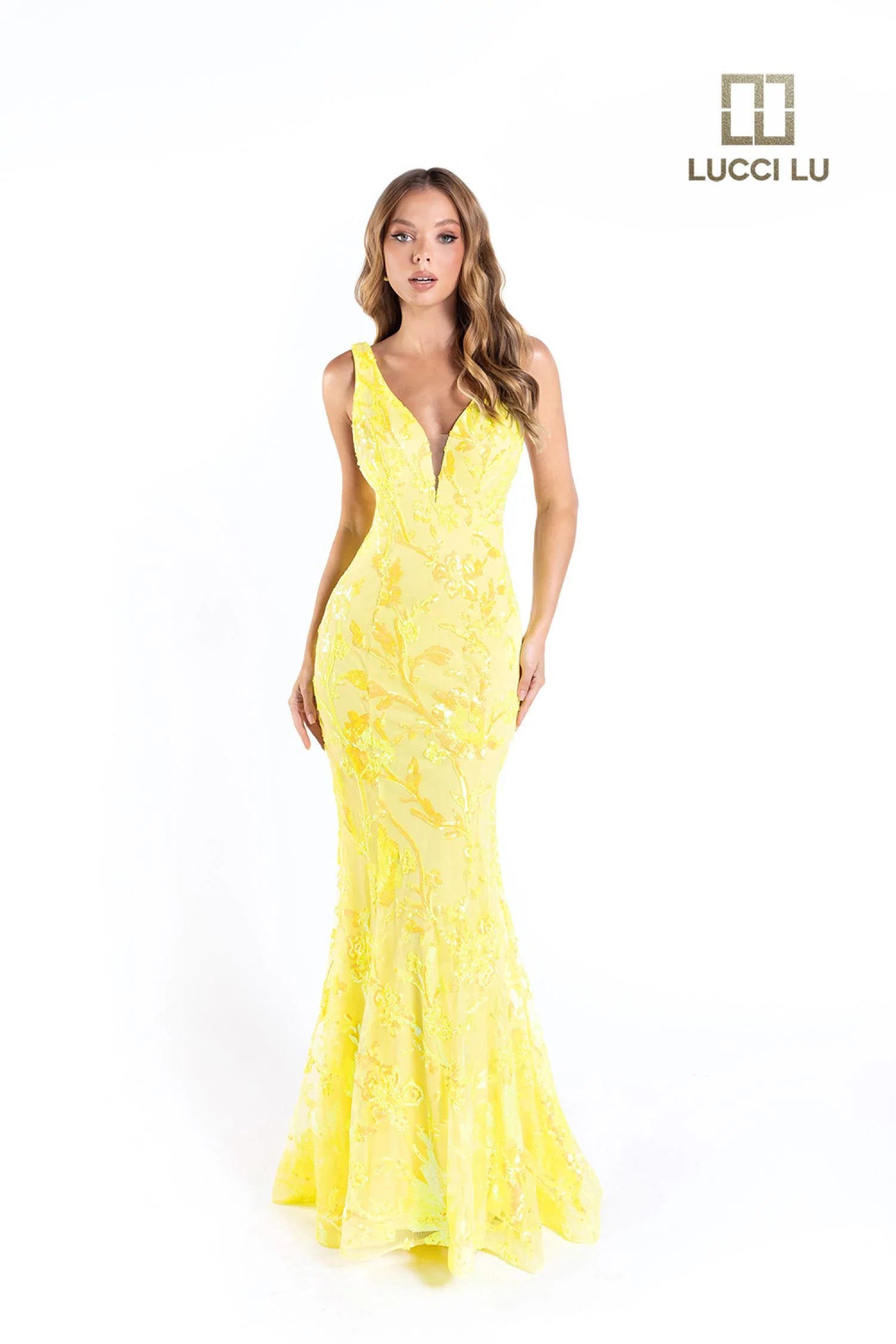 Lucci Lu 1230 Size 18 Neon Yellow Long Fitted Sequin Neon Prom Dress V Neck  Formal Pageant Gown Backless