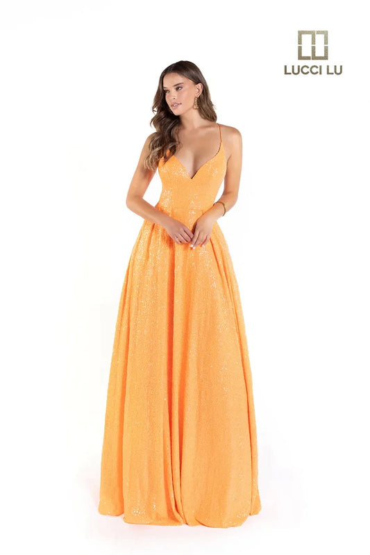 Lucci Lu Sequin Neon A Line Ballgown Backless Corset Prom Dress Pockets Formal Gown Sizes: 00-16 Colors: Orange, Neon Pink, Bubblegum Pink, Dolphin Blue
