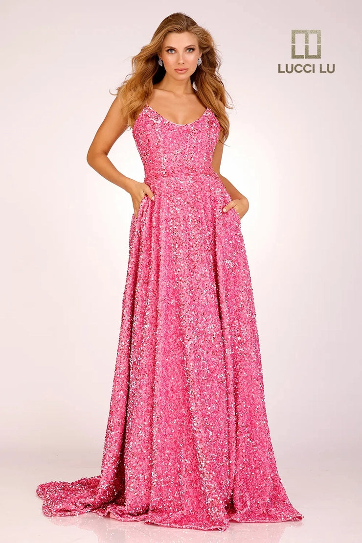 Lucci Lu 1273 Long A Line Velvet Sequin Ball Gown Backless Prom Dress Corset V neck Corset Sizes: 00-16 Colors: Sky Blue, Hot Pink