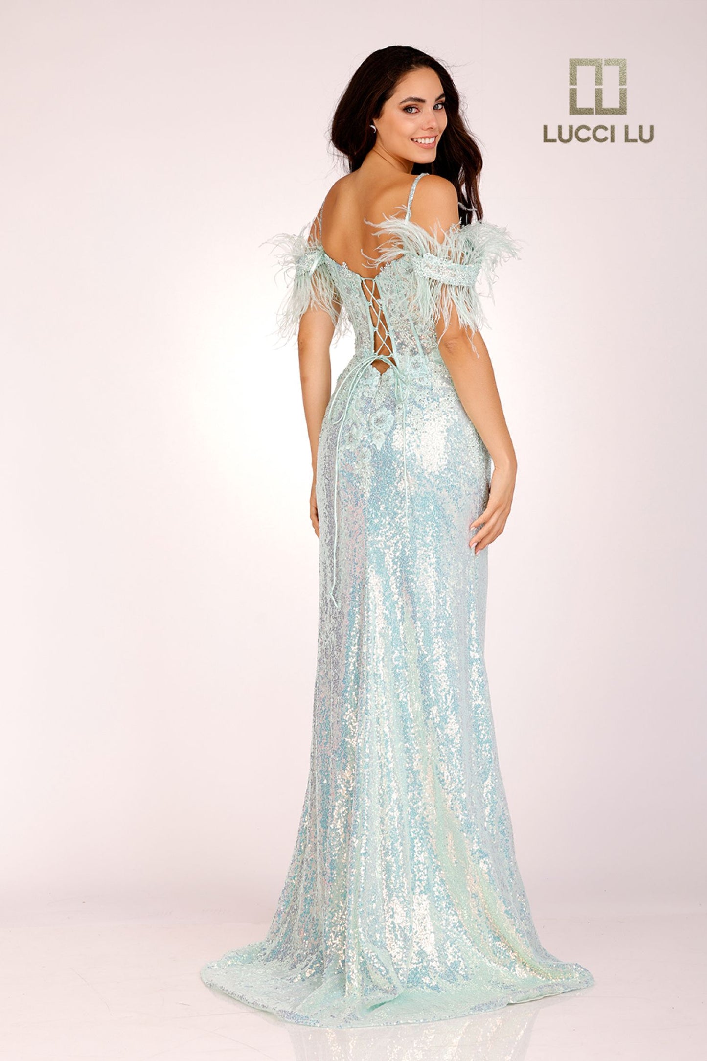 Lucci Lu 1282 Long Fitted Sequin Sheer Lace Feather off the Shoulder Prom Dress Formal Gown Corset Back Sizes: 00-12 Colors: Light Blue, Light Green, Light Pink