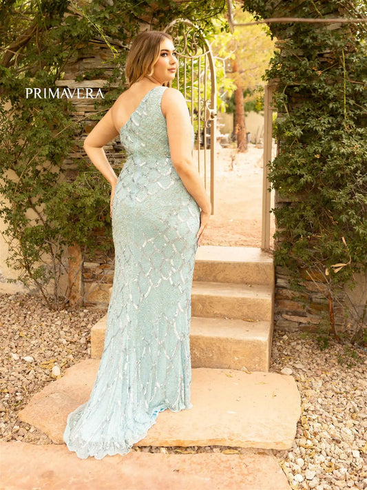 Primavera Couture 14002 Long Beaded Sequin Plus Size One Shoulder Prom Dress Formal Gown Curvy Sizes: 14-24 Colors: LIGHT TURQUOISE, NEON PINK, ROYAL BLUE, BLACK, RED