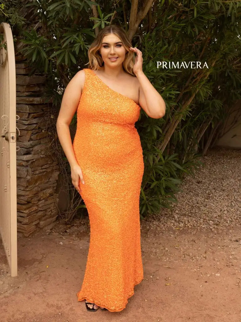 Primavera Couture 14004 Size 16 Orange Long Fitted One Shoulder Sequin Plus Size Prom Dress Formal Gown Primavera Couture 14004 Size 16 Orange Long Fitted One Shoulder Sequin Plus Size Prom Dress Formal Gown