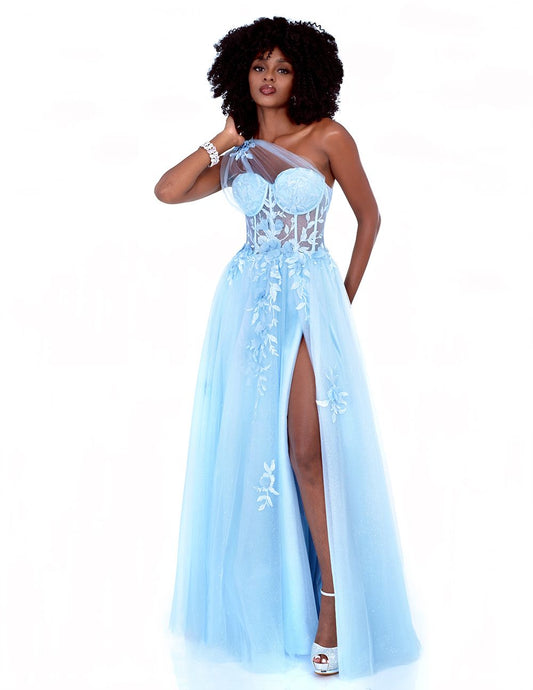 The Cecilia Couture 1516 is a modern and stylish formal dress with eye-catching features including a sheer lace shimmers, delicate one shoulder corset and an A-line tulle skirt. Perfect for special occasions and prom, this gorgeous dress will make you stand out. Slit skirt  Sizes: 0-16  Colors: Lemon, Sky Blue
