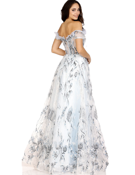 Achieve a sophisticated look with Cecilia Couture 1564's Printed Lace-embellished Off-shoulder Corset A-line Dress. With its sheer corset bodice, striking off-shoulder neckline, voluminous skirt, and beautiful lace and print embellishments, this dress is perfect for any special occasion or black-tie event. Available in various sizes and colors. Sizes: 0-20 Colors: Sky Blue, Sunflower