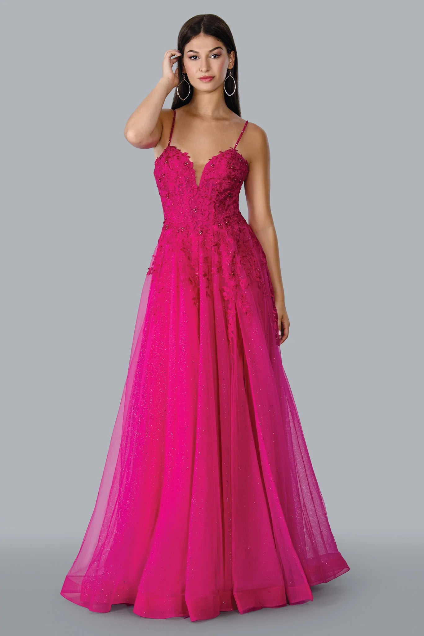 lace fuchsia dress Stella Couture 22027 Size 4 Fuchsia Fitted Lace Embellished Bodice sheer Shimmer Prom Dress