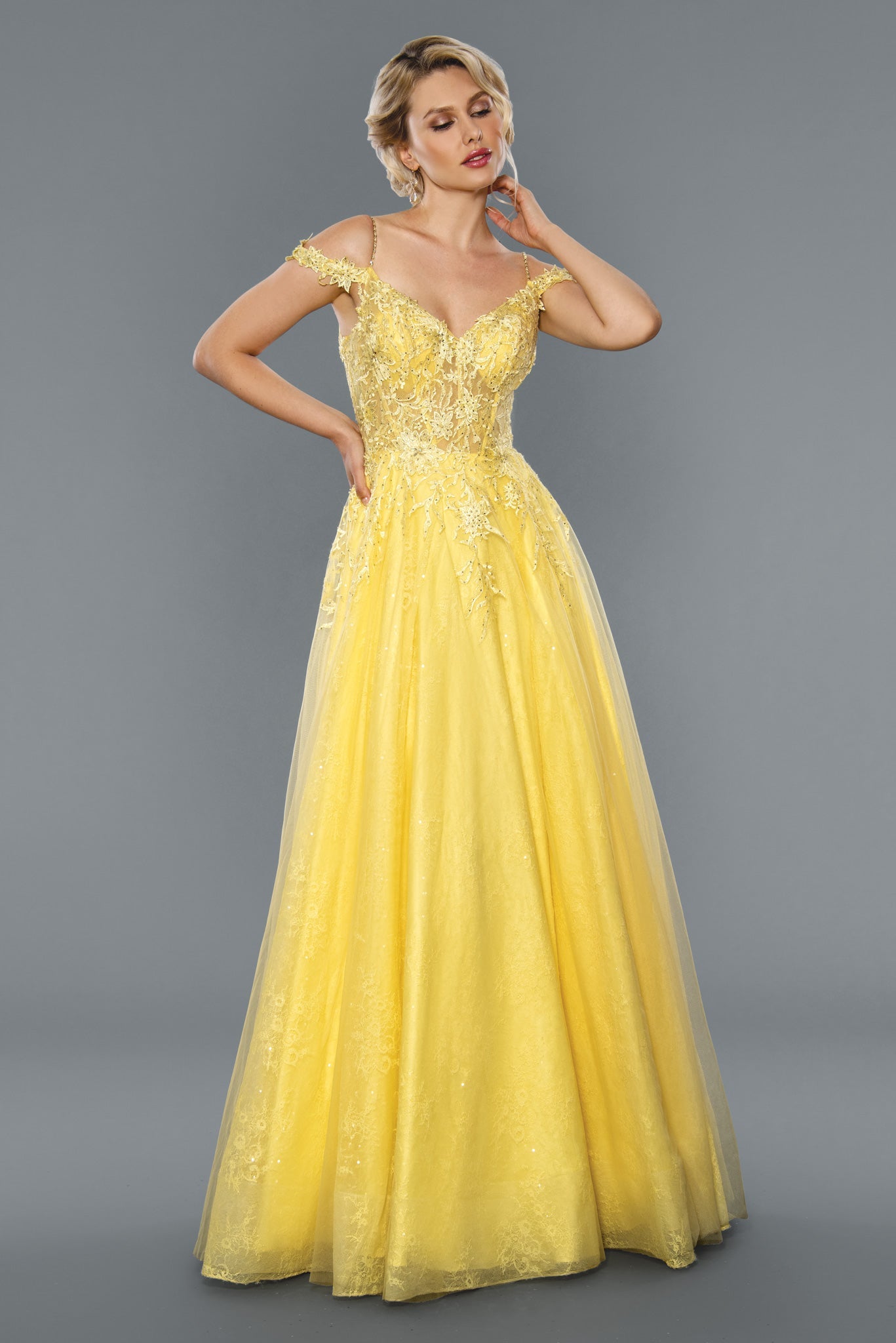 Stella Couture 21038 Size 10 Yellow Long Lace A Line formal Dress