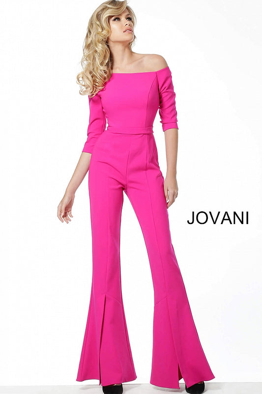 Jovani 1867 off the shoulder fitted bell bottom jumpsuit three quarter long sleeve, Fuchsia Three Quarter Sleeve Bell Pant Jumpsuit 1867 Black, Fuchsia Sizes 00-24 Fuchsia Three Quarter Sleeve Bell Pant Jumpsuit 1867