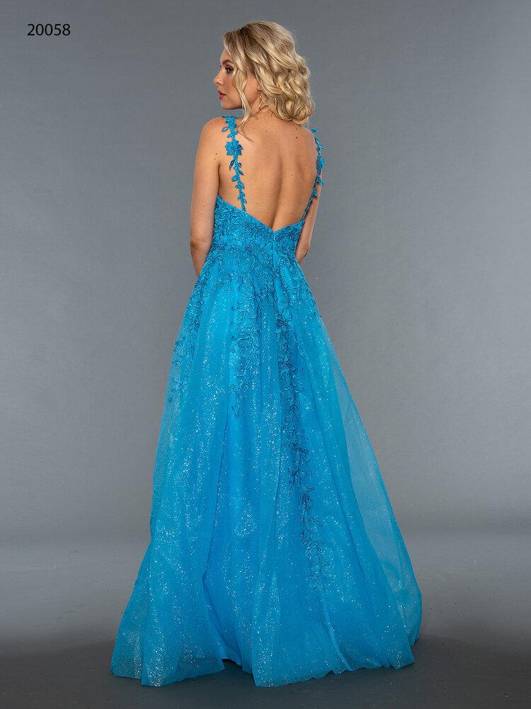 Stella Couture 20058 Long Lace fitted bodice with v neck and lace embellished straps. Shimmer A line skirt with a slit. Great formal Prom Dress, Pageant Gown or casual Bridal - wedding dress. Available Sizes: 6 Available Colors: Blue
