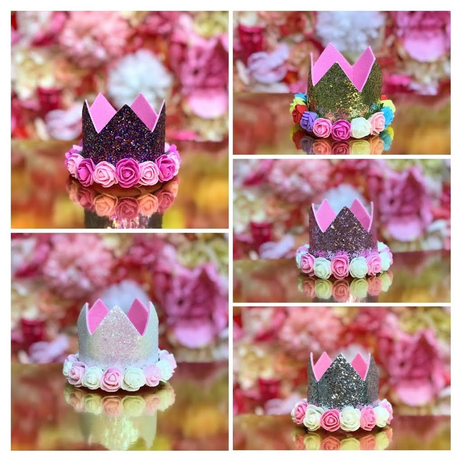 sweet wink glitter flower crowns baby kids birthday photoshoot One Year #1 Rosette Roses Ivory Blush Multi Confetti