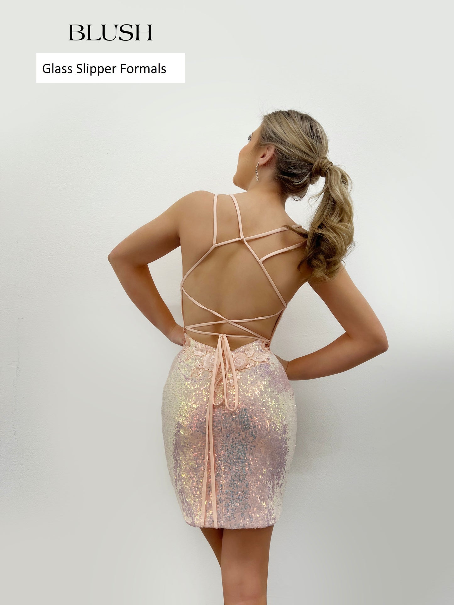 Blush Prom 20413 is a short Short Fitted Sequin Cocktail Dress with 3D Flower accents along the bodice. This Formal Backless Gown Features a criss cross spaghetti strap pattern in the back. Slit in skirt Available Sizes: 0-24 Available Colors: AB/White, Blush, Hot Pink