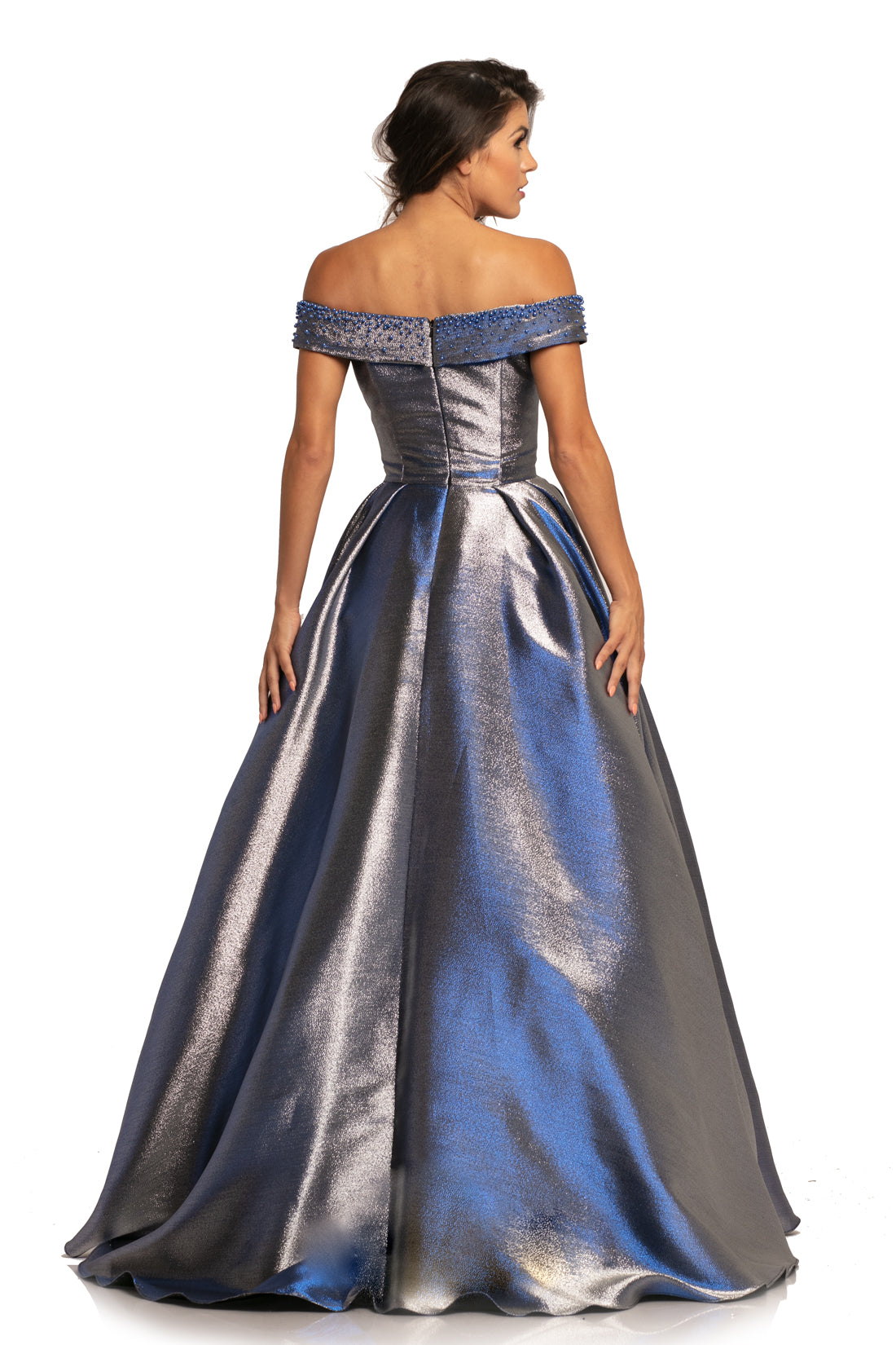 Johnathan Kayne 2072 is an off the shoulder Prom Dress, Pageant Gown & Formal Evening Wear. Featuring a Metallic Shimmer Brocade Material. This Ballgown has a full Pleated skirt, Fitted Off the Shoulder Bodice with pearl embellishments.