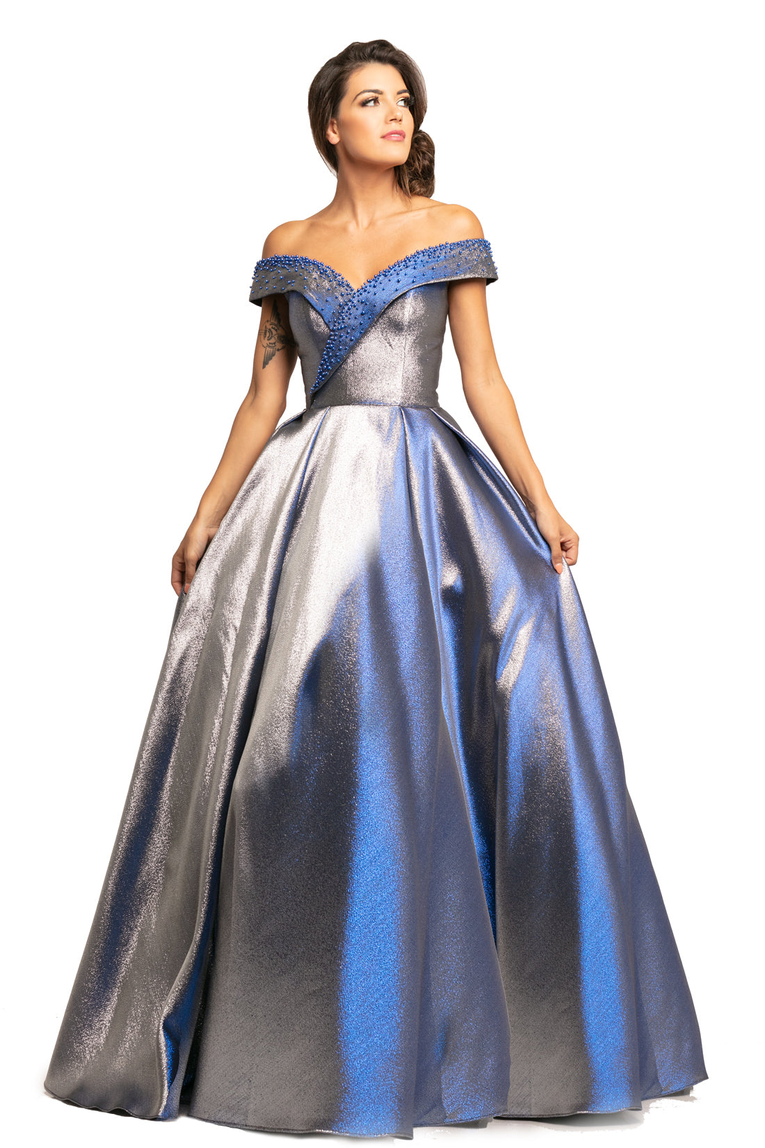 blue and silver dress illusion Beaded Cobalt Blue Illusion 3D Rosette Prom Dress