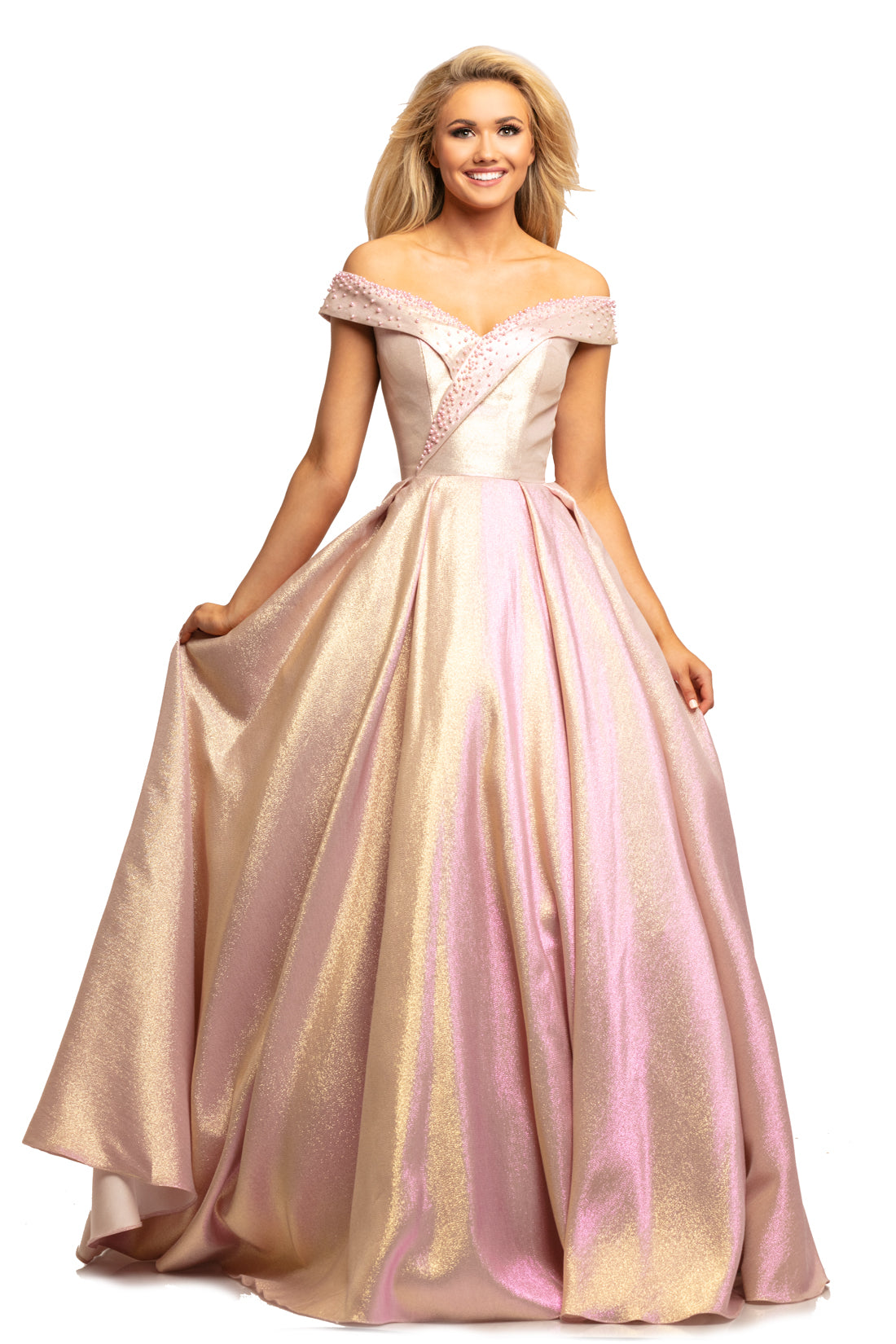 Johnathan Kayne 2072 is an off the shoulder Prom Dress, Pageant Gown & Formal Evening Wear. Featuring a Metallic Shimmer Brocade Material. This Ballgown has a full Pleated skirt, Fitted Off the Shoulder Bodice with pearl embellishments.