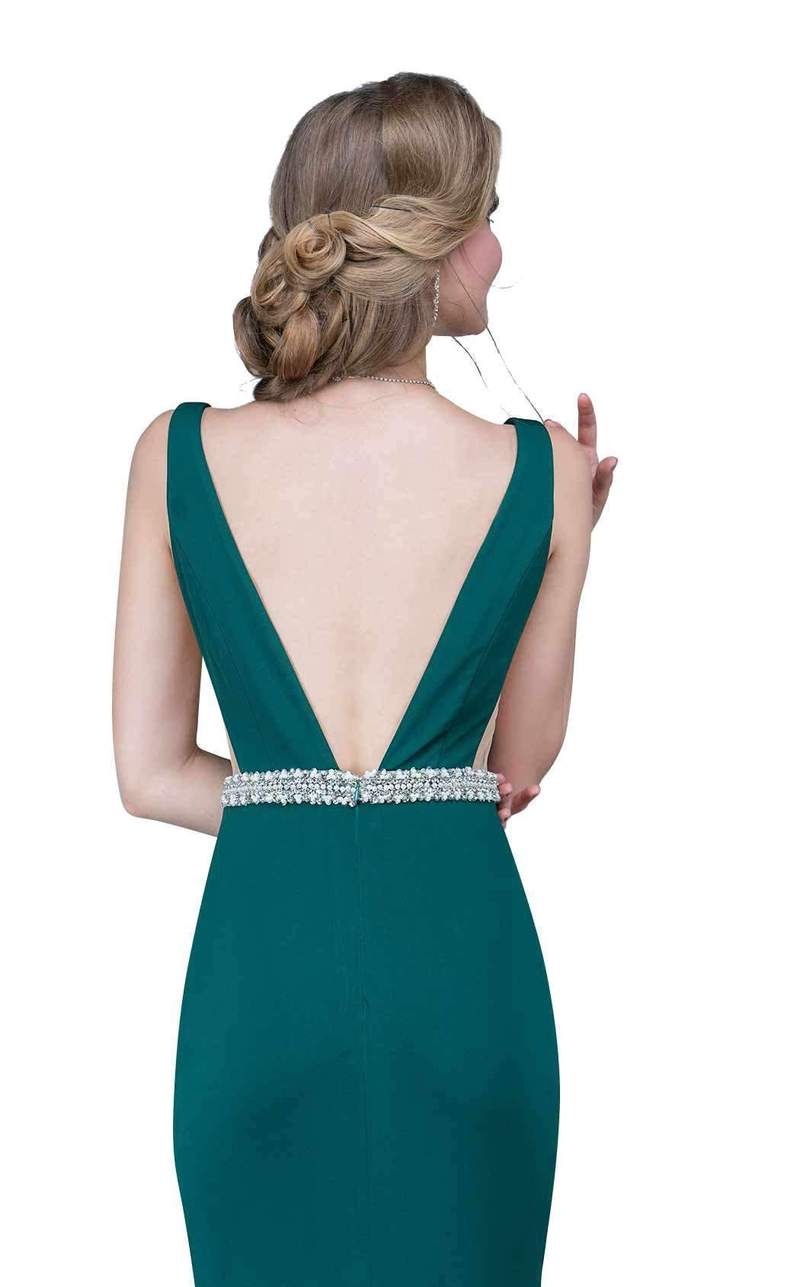 Nina Canacci 2124 This is a fitted plunging neckline with illusion panel prom dress. This evening gown is long and illusion panels under the arms and an embellished belt. Color Navy Size 4