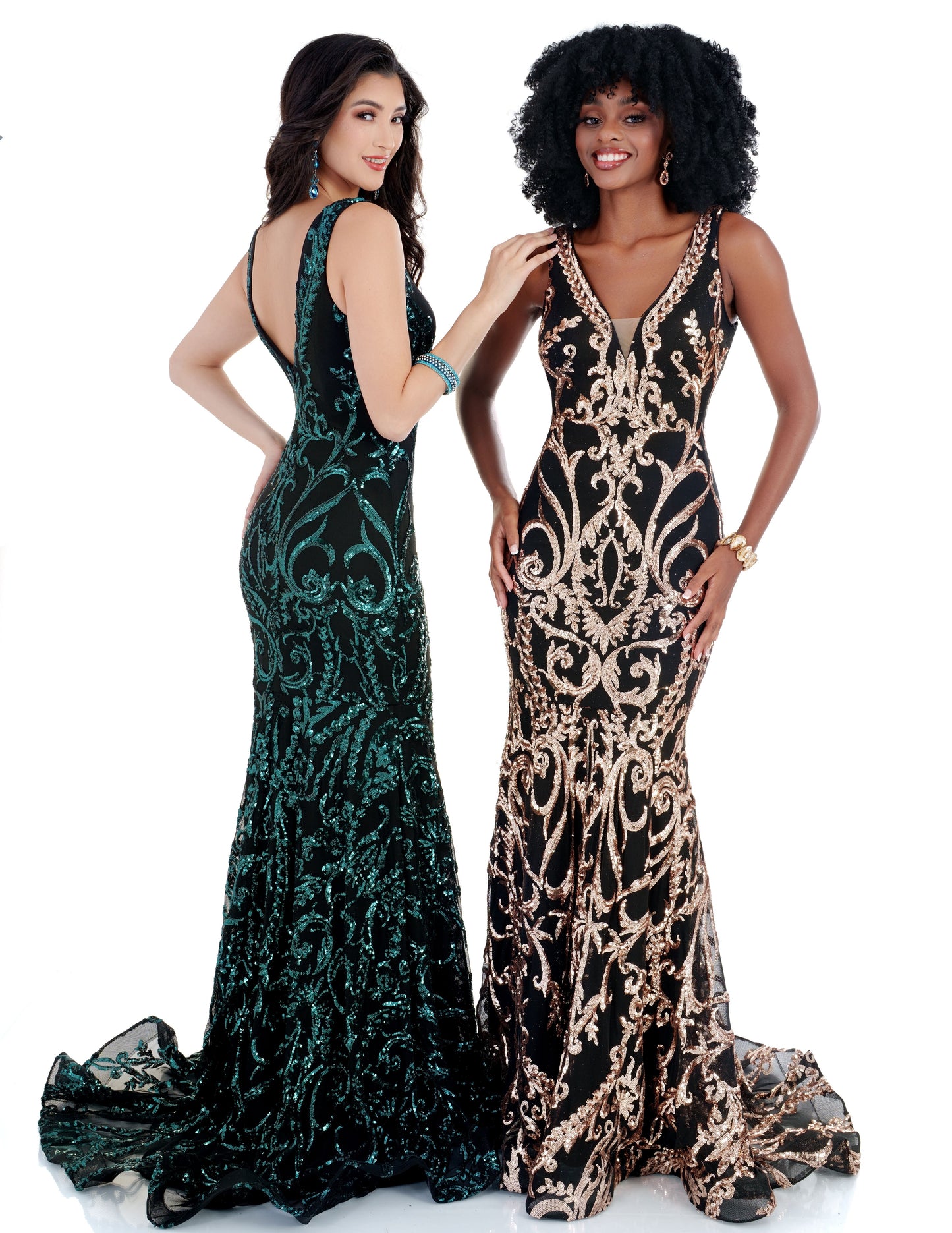 Cecilia Couture 2186 Long Fitted Sequin Lace Mermaid Prom Dress V Neck Formal Gown Sizes: 0-20 Colors: Black/Gold, Hunter Green