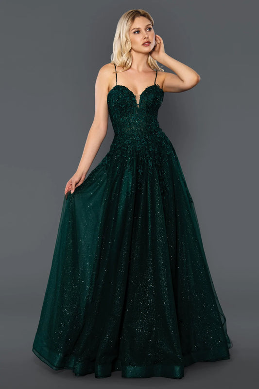 Stella Couture 22027 is an a line with a shimmer tulle ballgown skirt. Fitted sheer corset style lace bodice with plunging neckline. spaghetti straps. Available Sizes: 2-18 Available Colors: Green, Burgundy