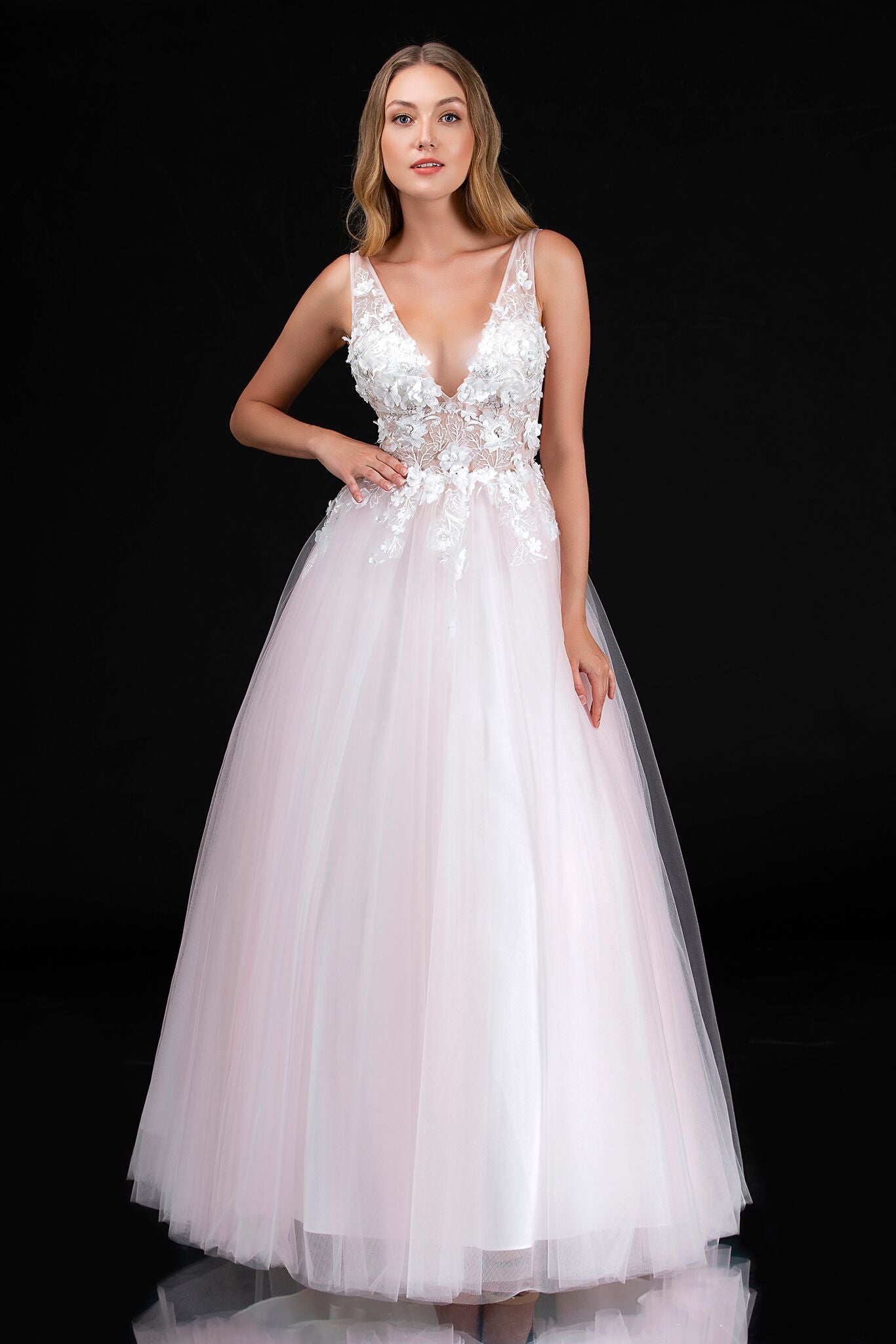 sheer floral applique dress Sleeveless Floral Appliqu Gown with Illusion Bodice 43706