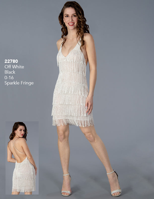 Stella Couture 22780 Short Beaded Fringe Backless Homecoming Dress Formal Cocktail Gown Beaded and detailed v neckline with embellished straps Sizes: 0-16 Colors: Black, Off White