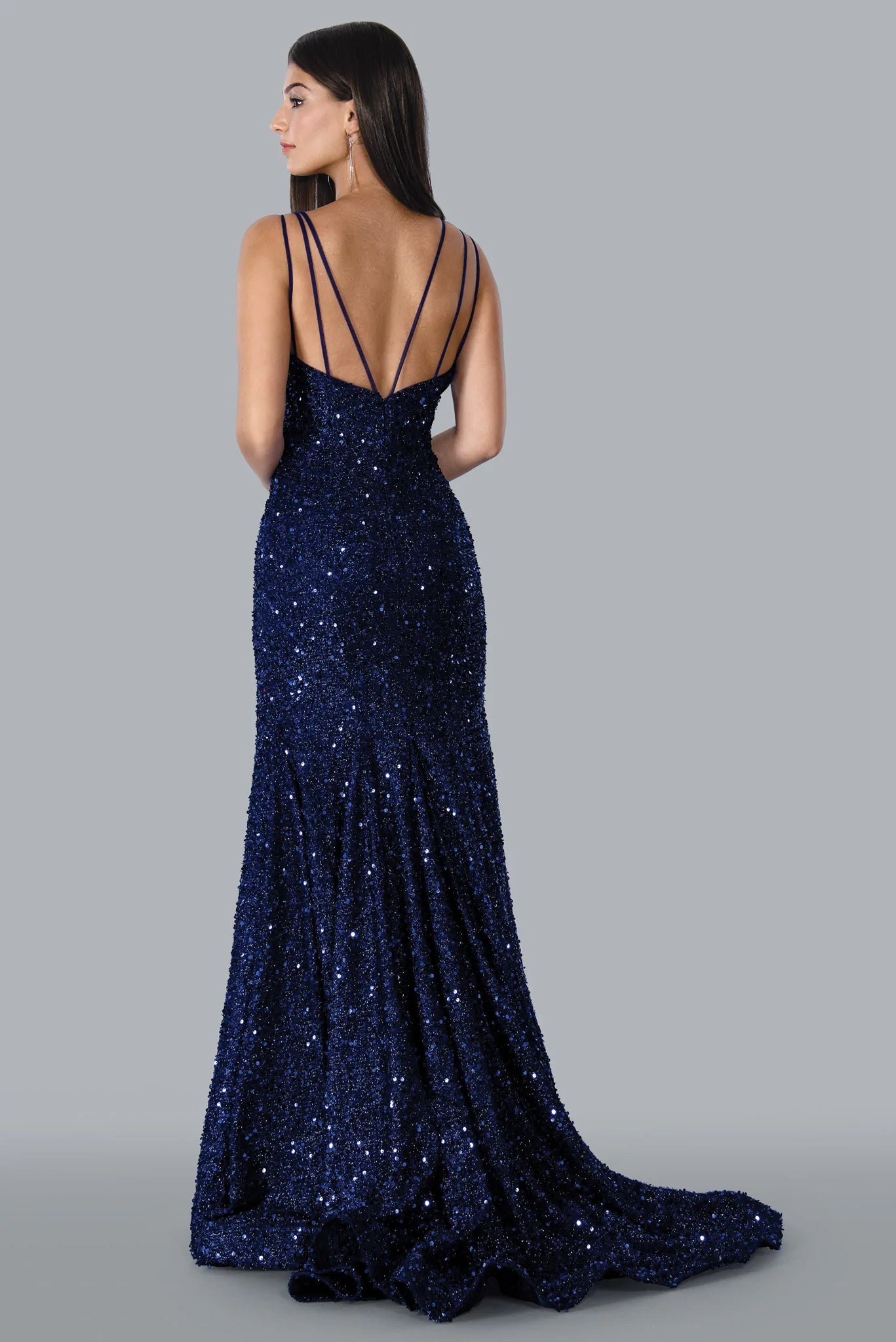Stella Couture 23118 Long Sequin Fitted Mermaid Prom Dress V Neck Formal Gown Sweeping Train Sizes: 0-16 Colors: Blue