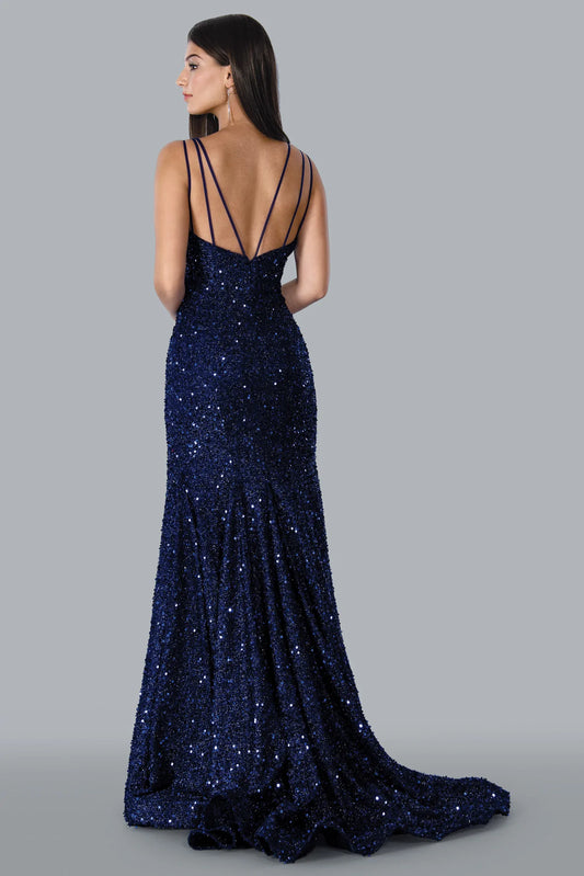 Stella Couture 23118 Long Sequin Fitted Mermaid Prom Dress V Neck Formal Gown Sweeping Train Sizes: 0-16 Colors: Blue
