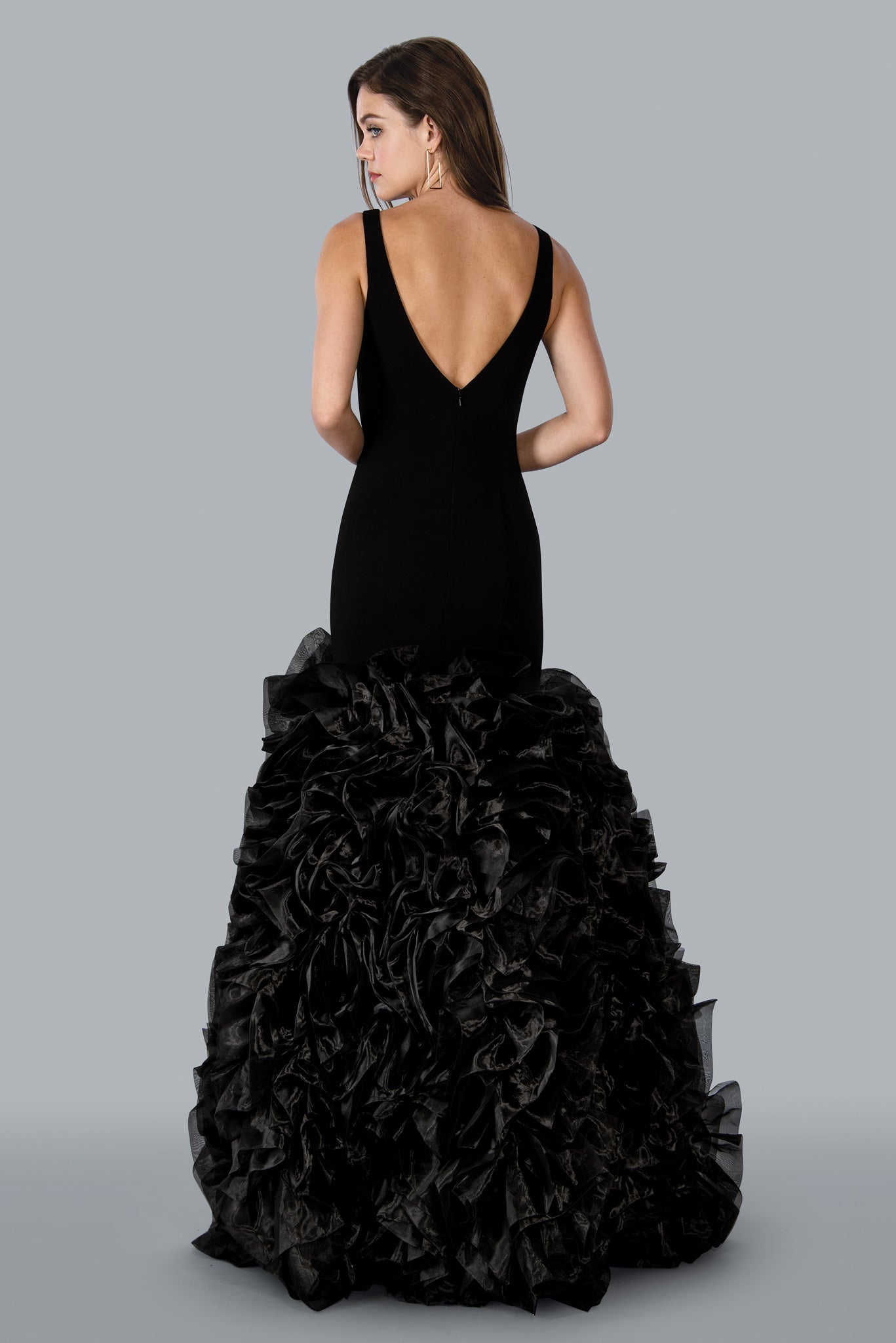 Stella Couture 23120 Long Fitted Ruffle scuba Mermaid Formal Prom Pageant Dress v neckline Available Sizes: 0-16 Available Colors: Black, Off White