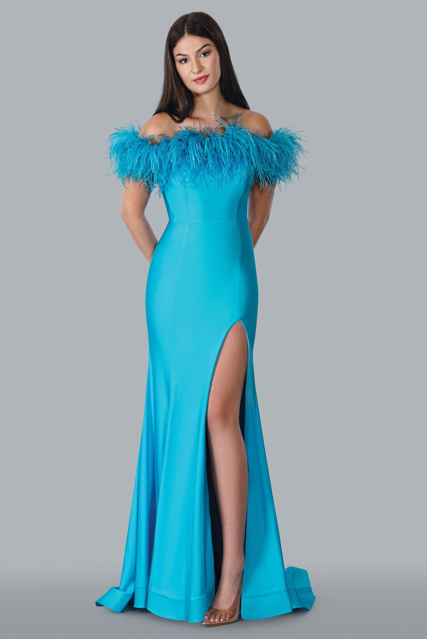 Stella Couture 23127 Long Fitted off the Shoulder Feather Prom Dress slit Pageant Gown Sizes: 00-16 Colors: Fuchsia, Turquoise