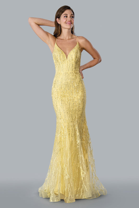 Stella Couture 23140 Long Fitted Crystal Lace Mermaid Prom Dress Backless Formal Gown Corset Sizes: 0-16 Colors: Red, Yellow, Navy