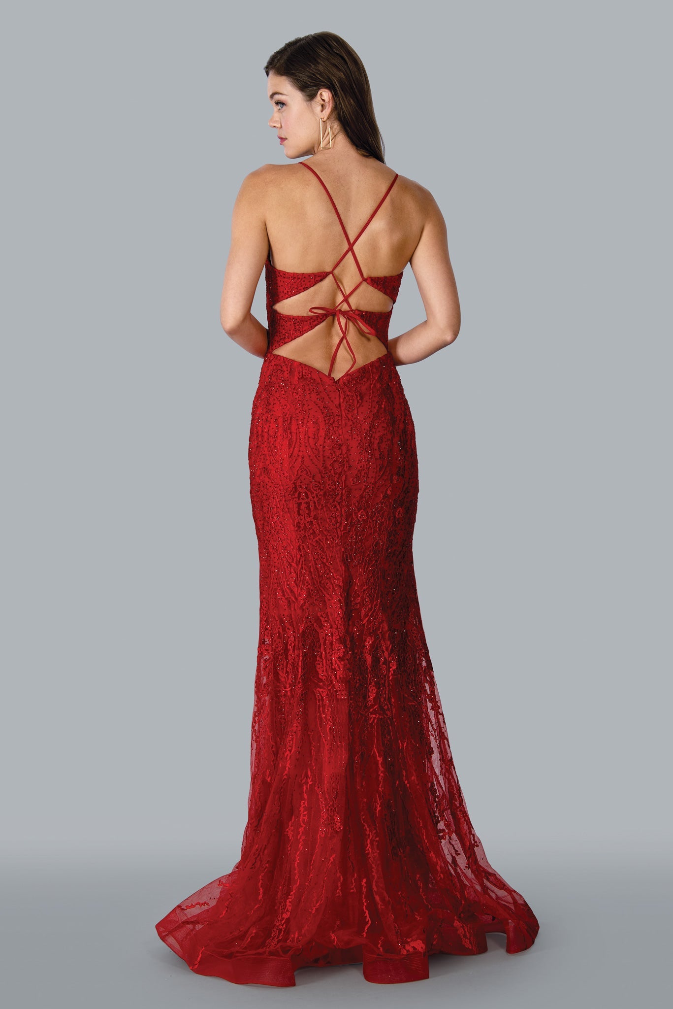 Stella Couture 23140 Long Fitted Crystal Lace Mermaid Prom Dress Backless Formal Gown Corset Sizes: 0-16 Colors: Red, Yellow, Navy