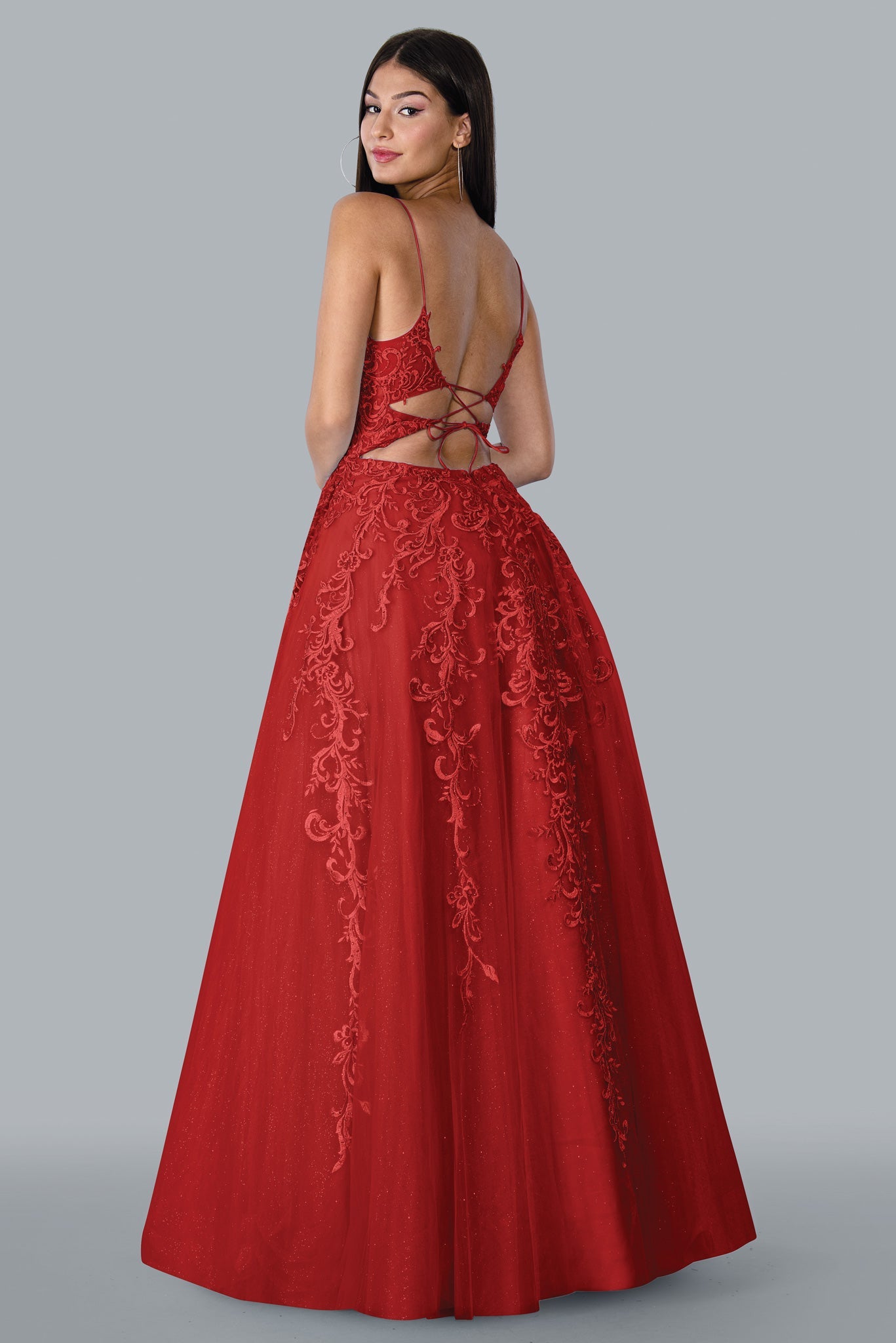 Stella Couture 23178 Long Lace A Line Backless Shimmer Ball Gown Prom Dress Corset V Neck Sizes: 0-16 Colors: Red, Blue