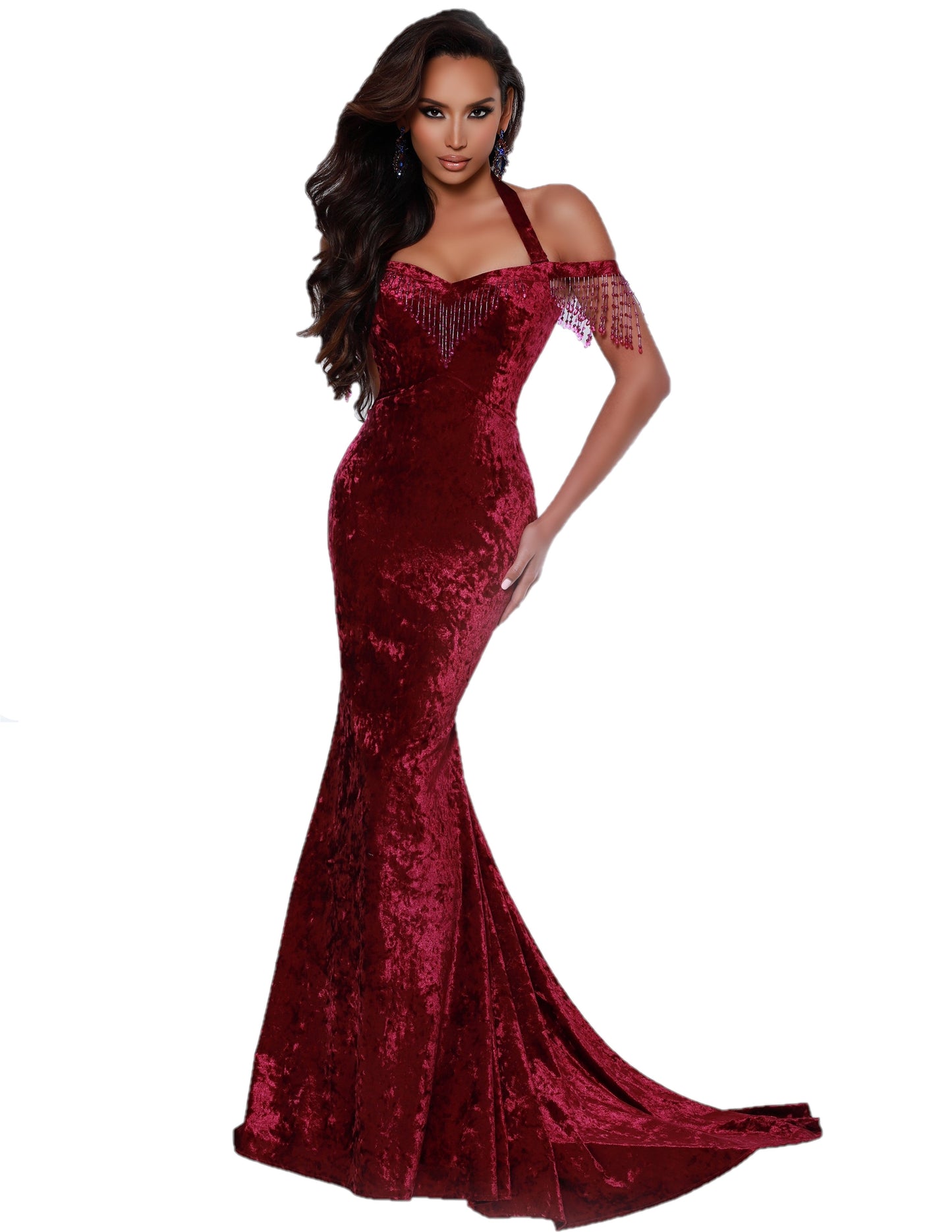 Johnathan Kayne 2415 Long Velvet Formal Dress off the shoulder fringe Pageant Gown Available Sizes: 0-18 Available Colors: Merlot, Navy